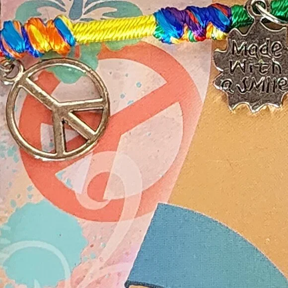 Novelty Inc Next Generation Silver Tone Peace Sun Symbols on Yarn Ankle Bracelet - Picture 16 of 16